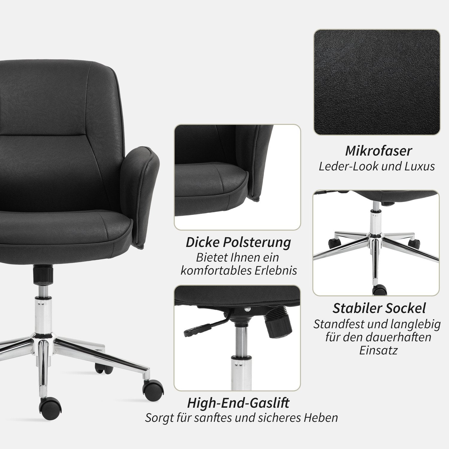 Ergonomisk vridbar kontorsstol, justerbar höjd, svart mikrofiber