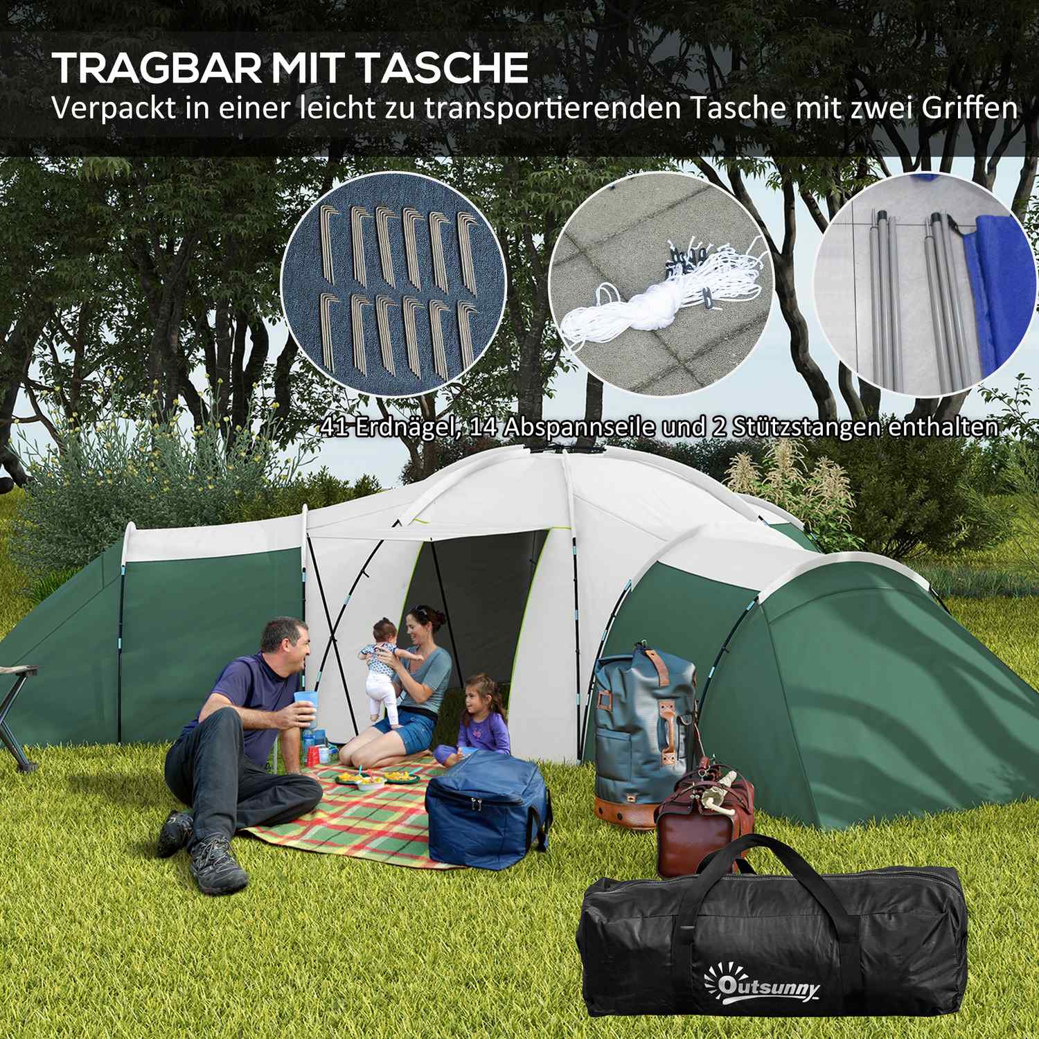 Familjecampingtunneltält, 6-9 personer, 3 sovrum, grönt, 2000 mm vattentätt