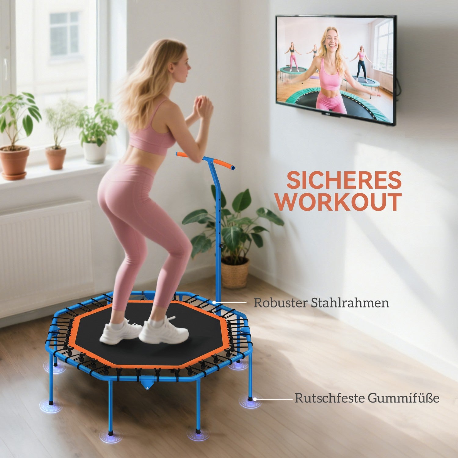 Fitnesstrampolin med justerbart handtag, stål, inomhusbruk