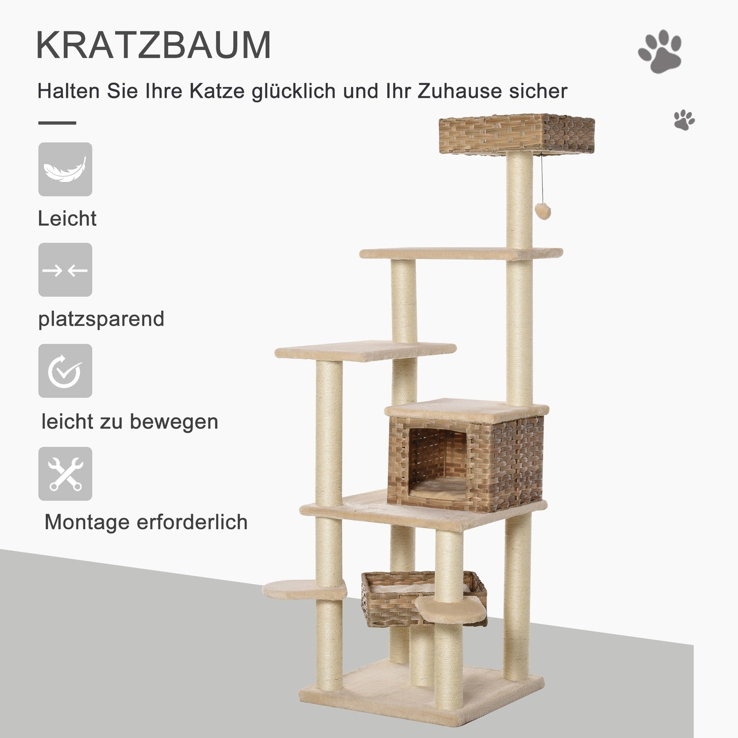 Flerskikts rottingkatt-klätterträd med grotta, beige/brun