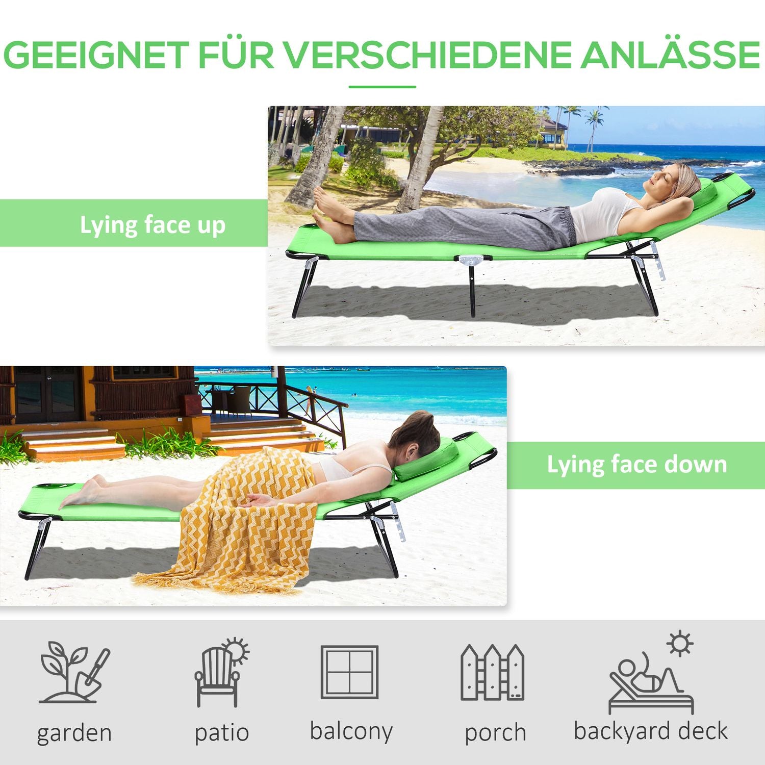 Fällbar solstol, justerbar, väderbeständig, grön