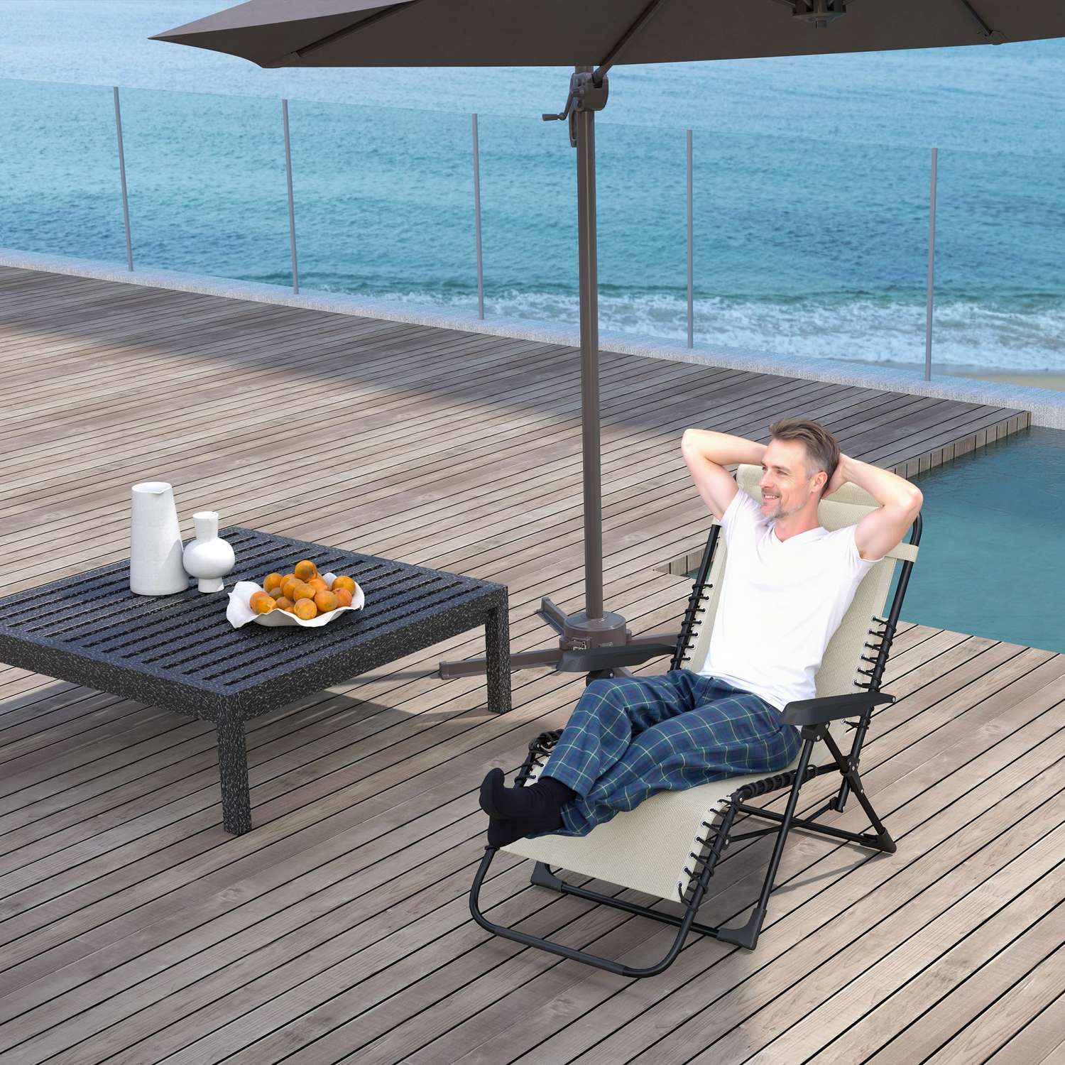 Fällbar solstol med kudde, 5-läges rygg, beige