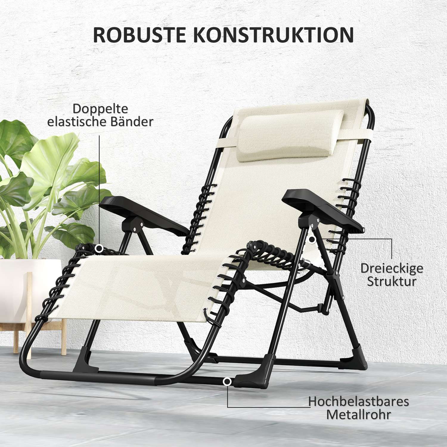 Fällbar solstol med kudde, 5-läges rygg, beige
