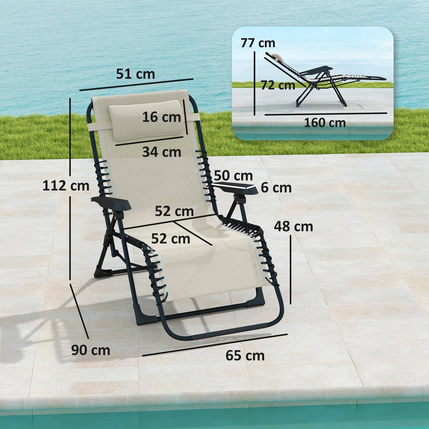 Fällbar solstol med kudde, 5-läges rygg, beige