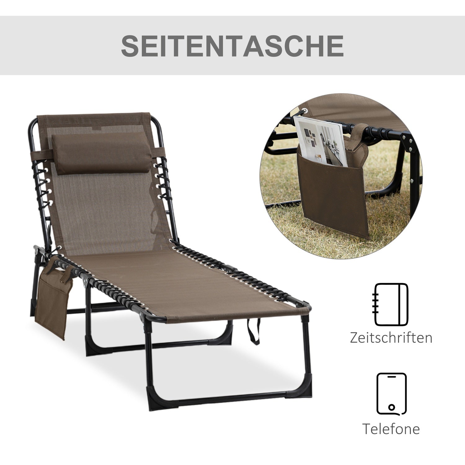 Fällbar solstol med kudde & ficka - väderbeständig, brun