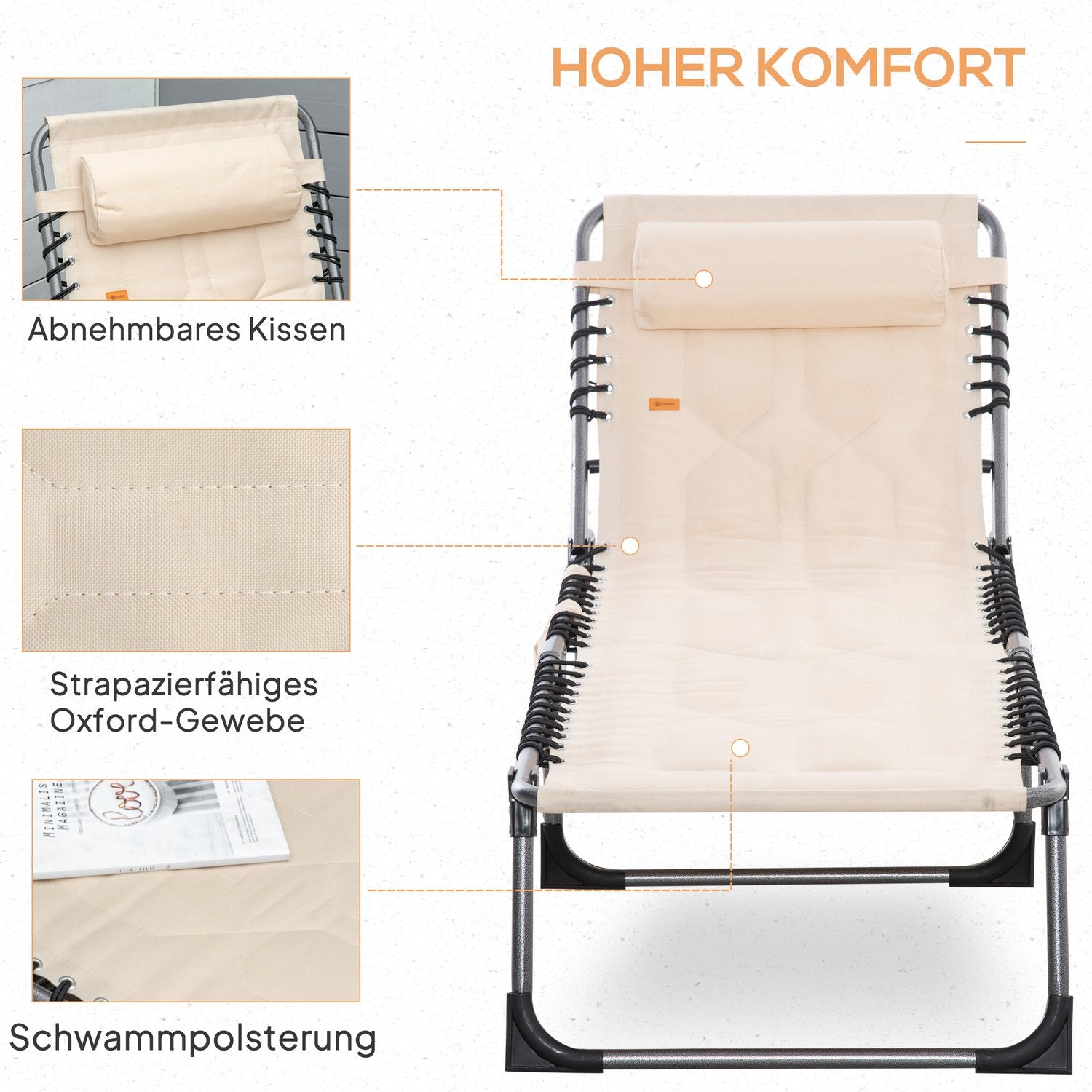 Fällbar solstol med kudde och justerbart ryggstöd