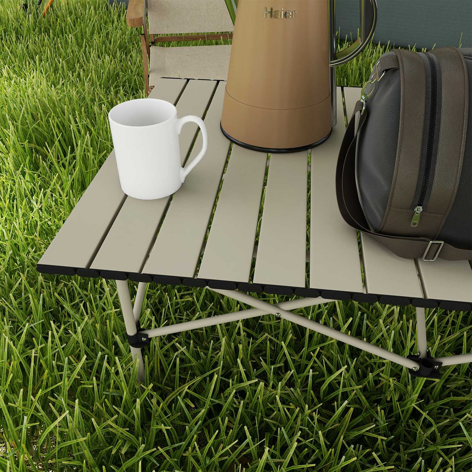 Fällbart campingbord i aluminium – lätt, 95 x 55 cm, kaki