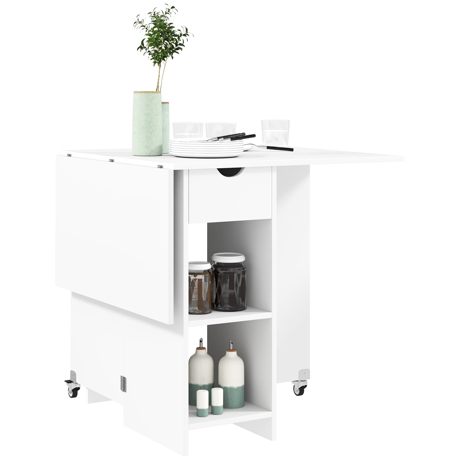 Fällbart matbord med hyllor och låda, Vit