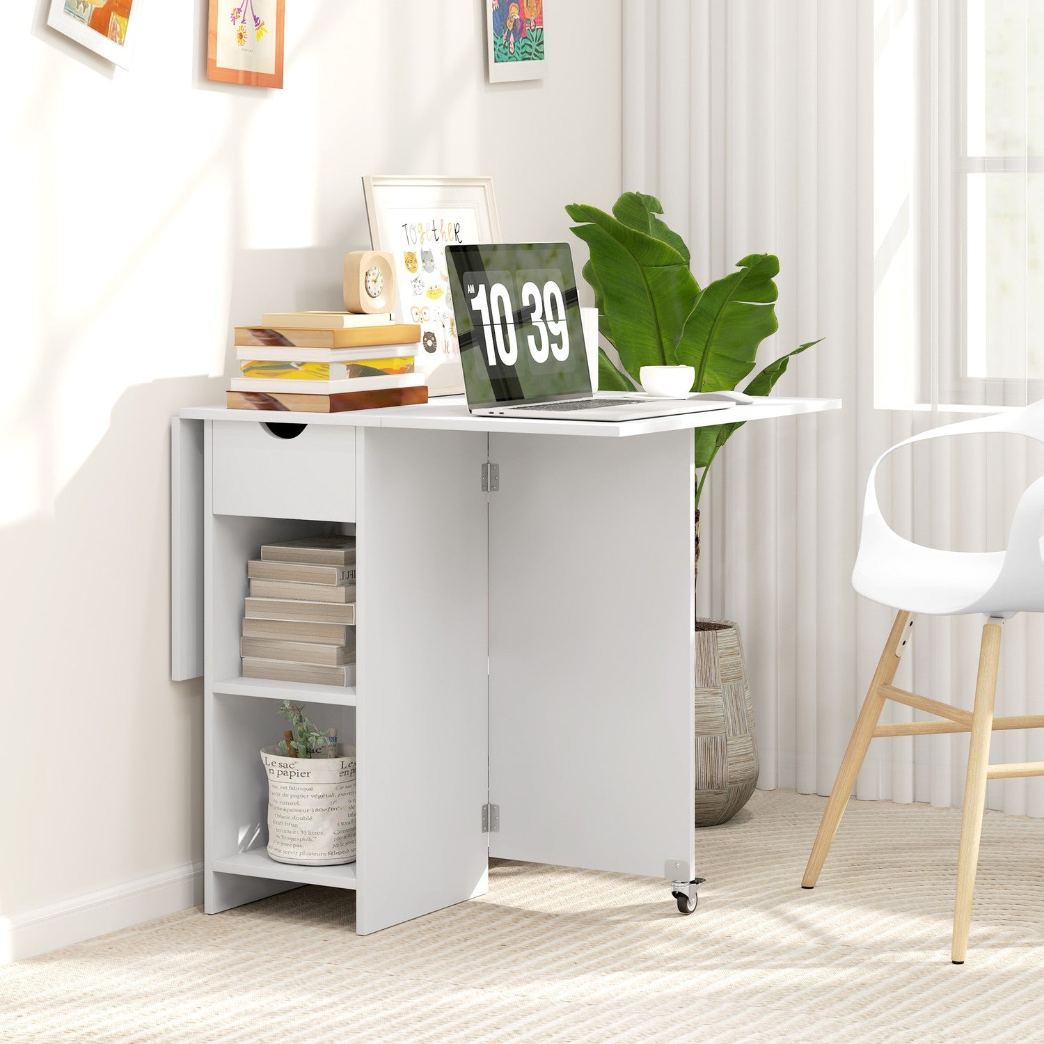 Fällbart matbord med hyllor och låda, Vit
