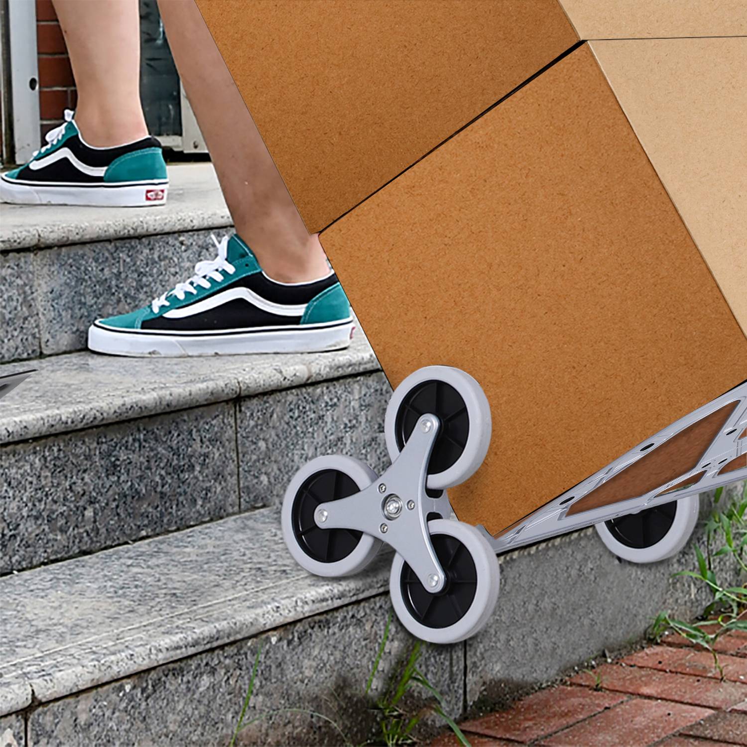 Opvouwbare aluminium trappenklimmer met 6 wielen, 70 kg capaciteit