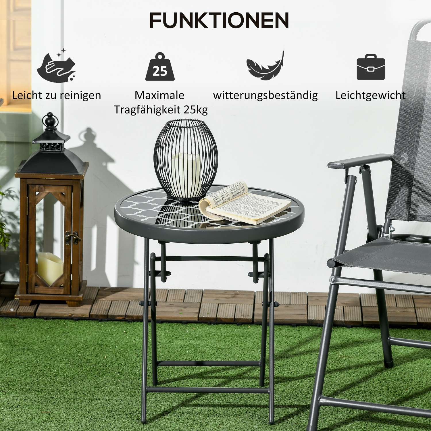 Svart glasskiva hopfällbart sidobord – 45x45x50 cm Camping