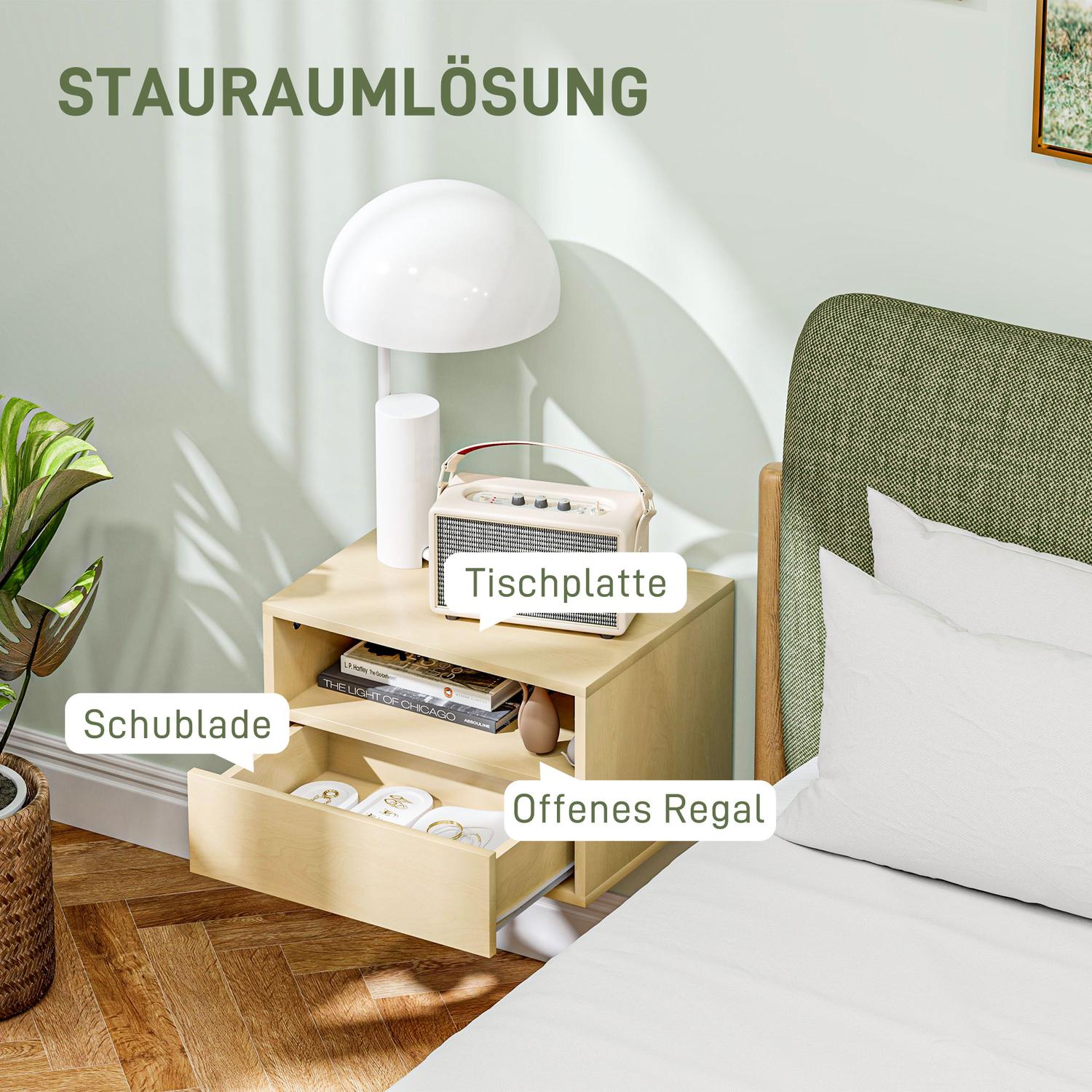 Flytande nattduksbord – naturligt trä, låda, hylla