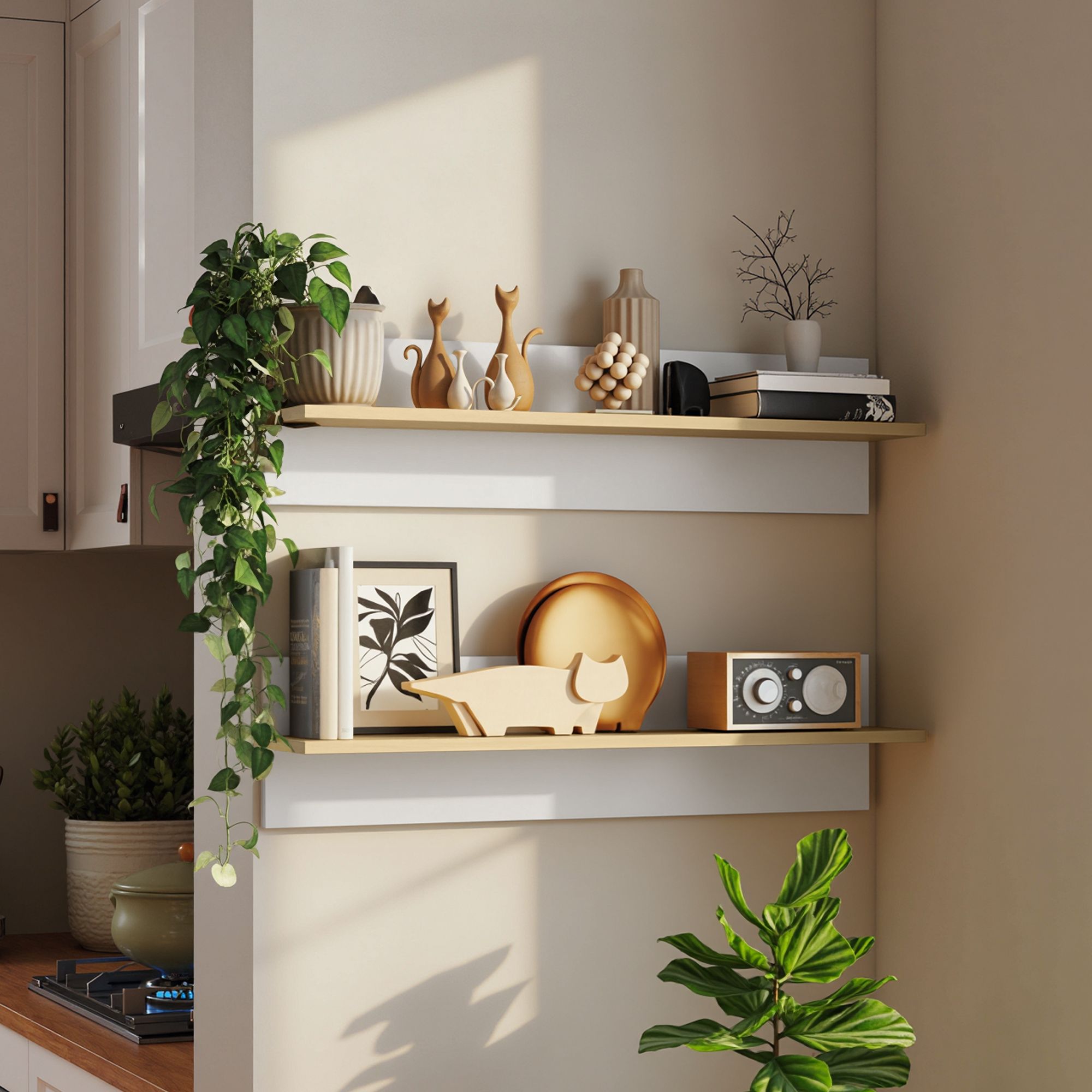 Flytande vägghylla set om 2, vit och naturträ, 80x15 cm