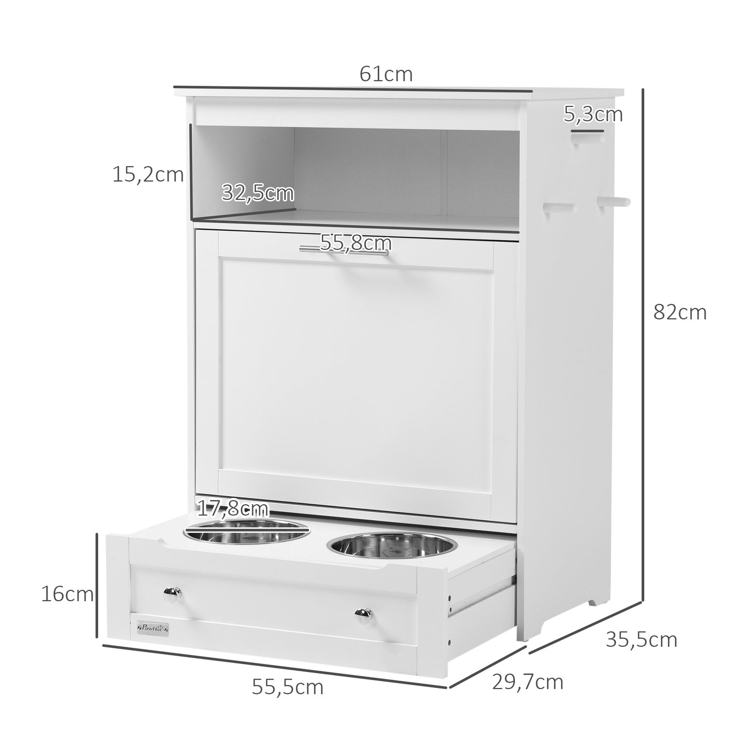 Foderskåp för husdjur med skålar och förvaring, 61 x 35,5 x 82 cm