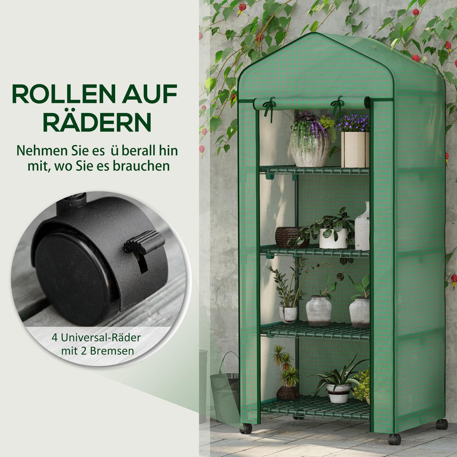 Folieväxthus med rulle och 4 hyllor, stålram, 69x50x165 cm