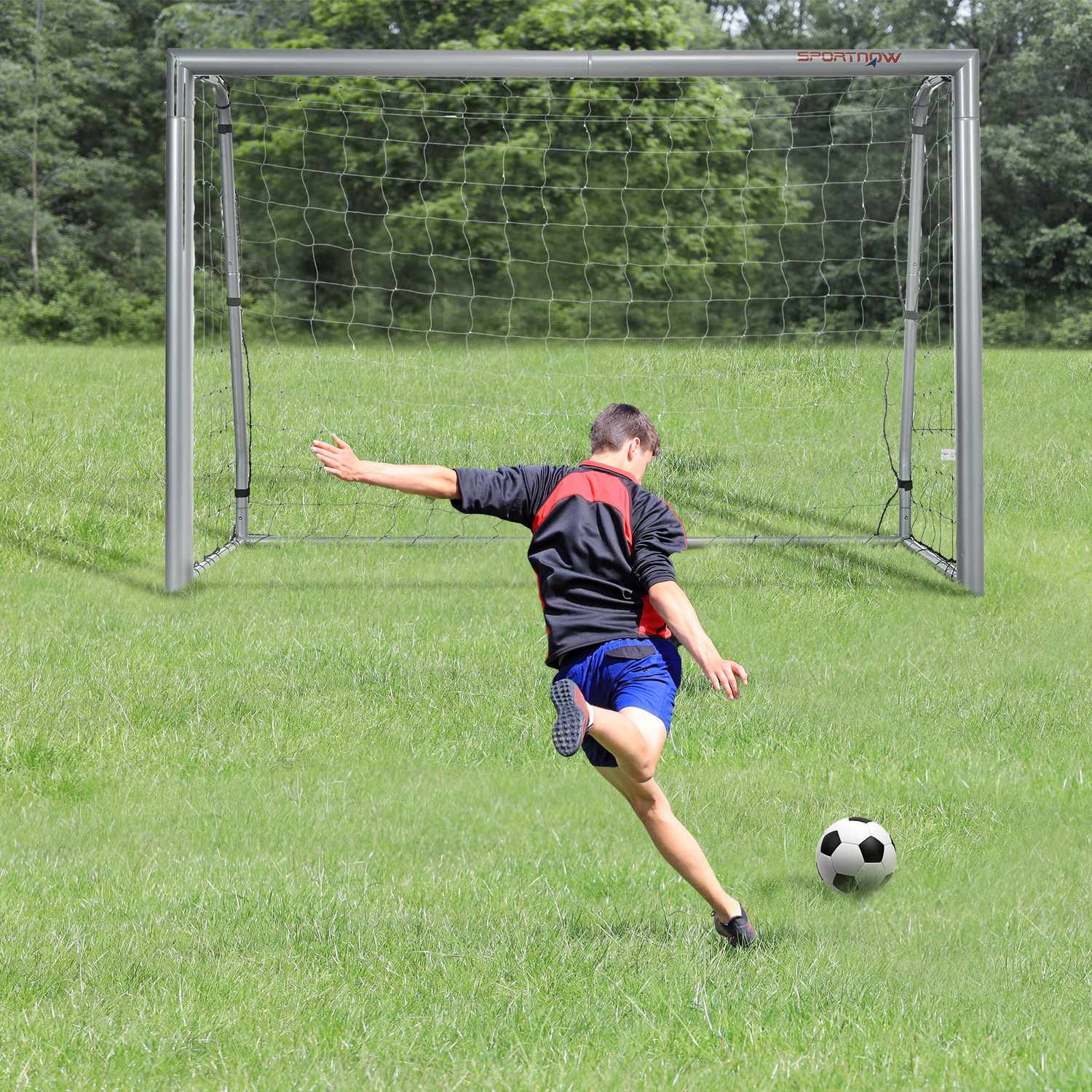 Fotbollsmål i stål med PE Mesh, 240x85x160 cm, Grå