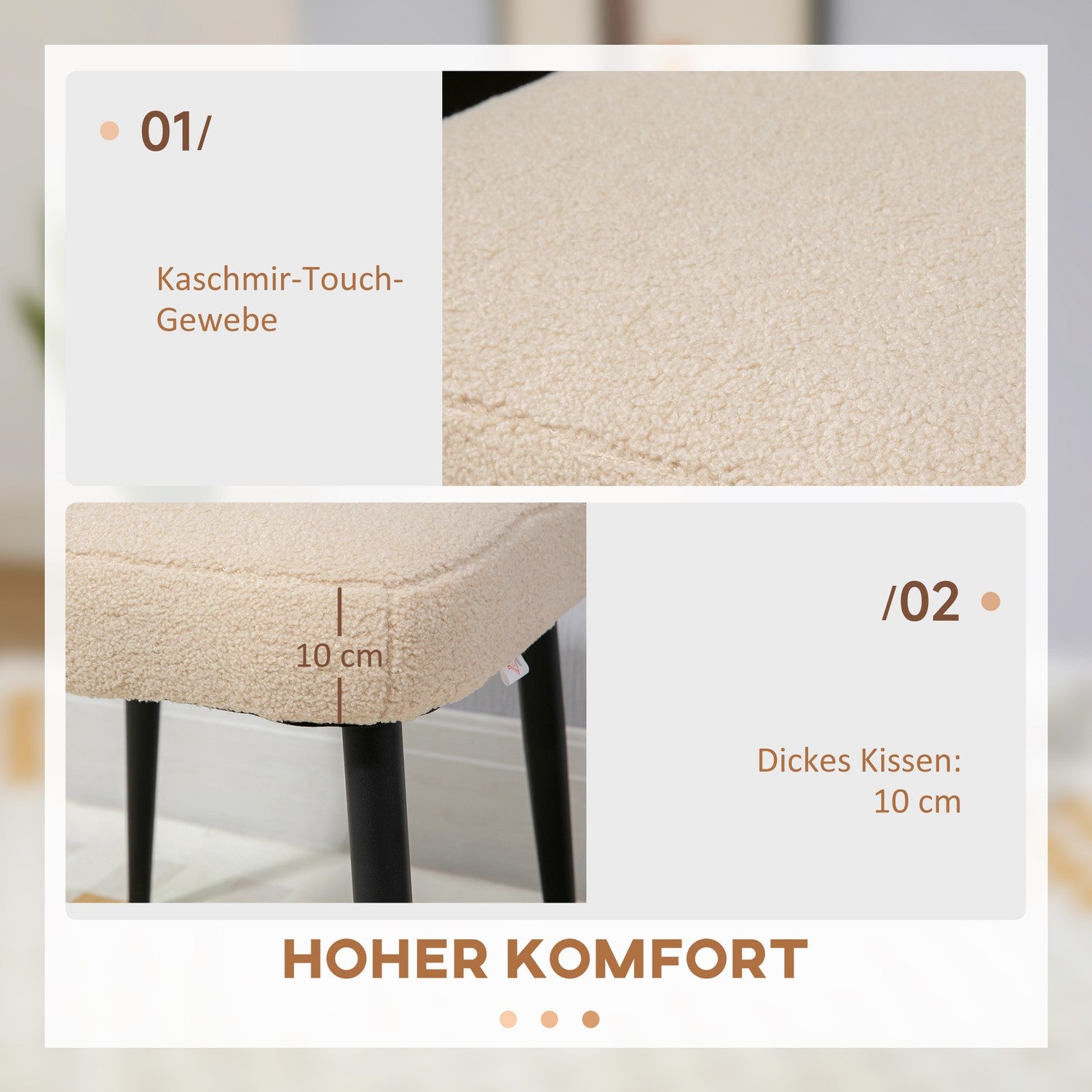Fyrkantig beige fotpall, kashmirlook, stålben, 42x42x47 cm