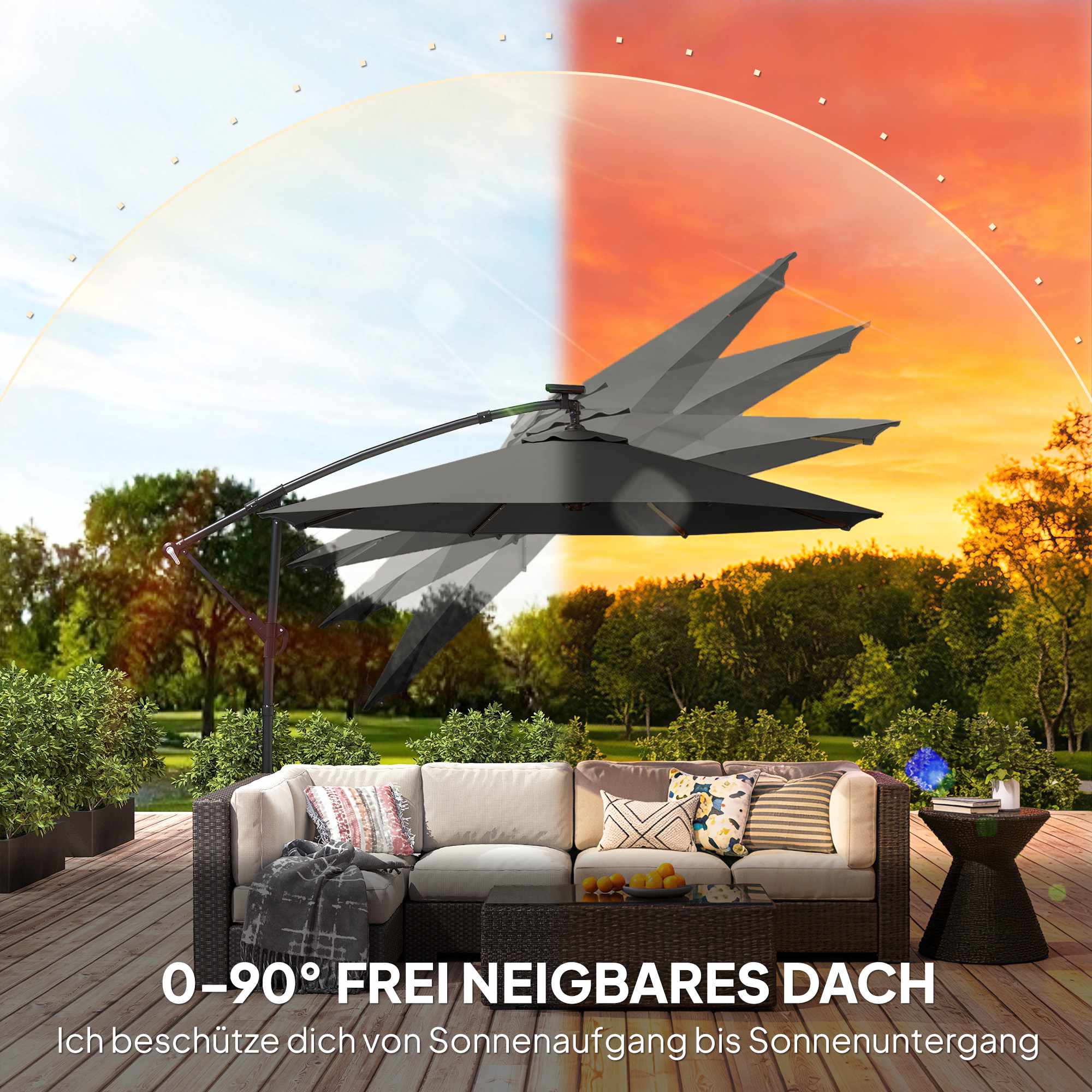 Fribärande parasoll, 3x3m, solcellsdriven LED, UV-resistent