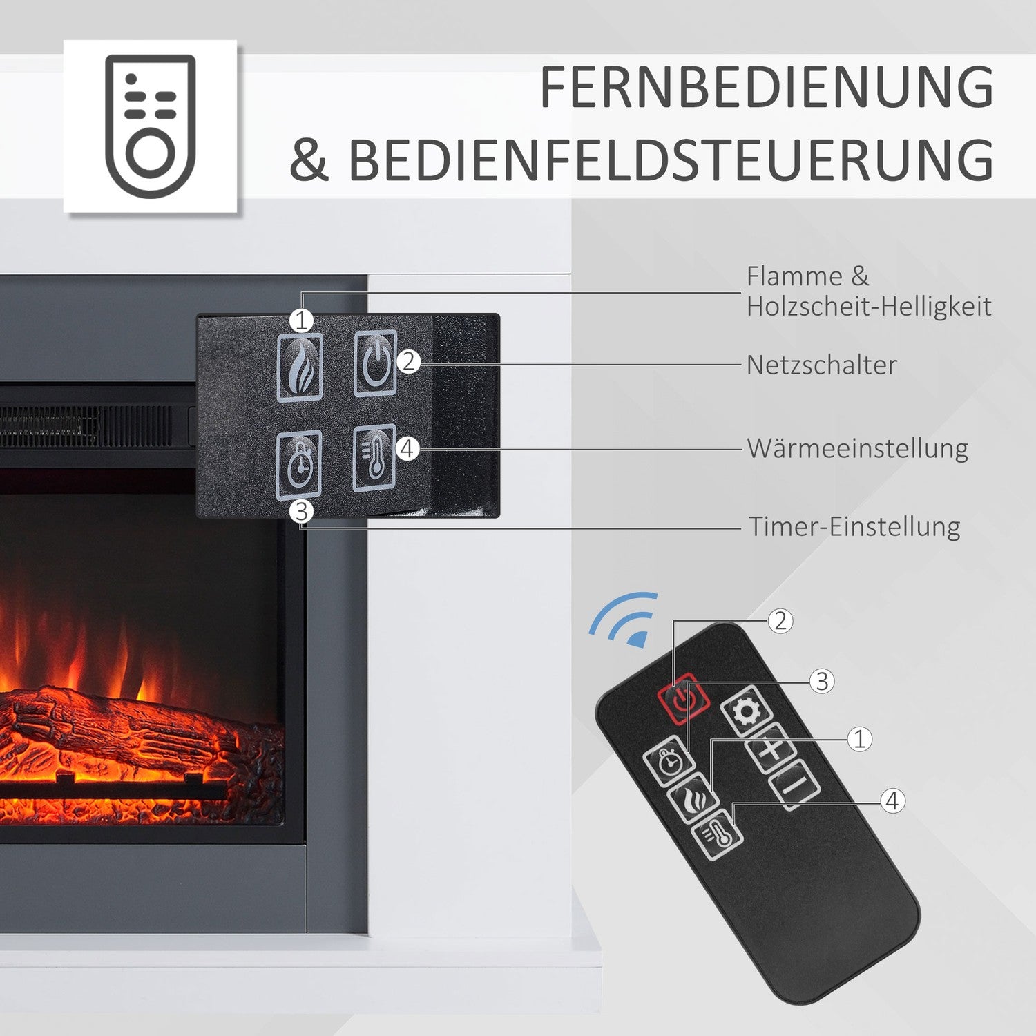 Fristående LED Elektrisk öppen spis, Flameffekt, MDF, Vit