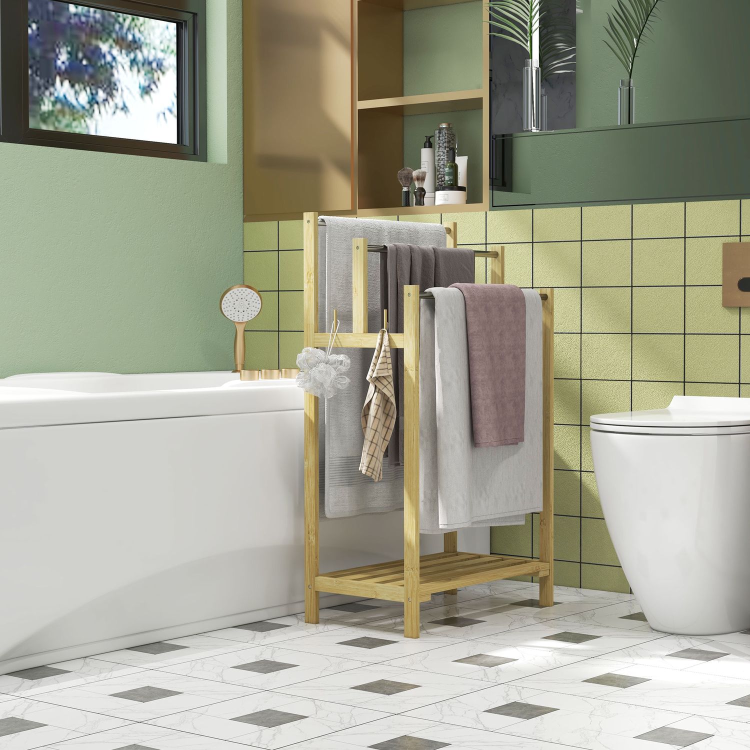 Fristående handduksställ i bambu med 3 skenor, 4 krokar