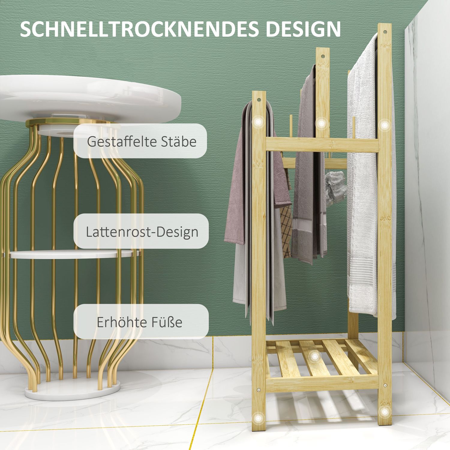 Fristående handduksställ i bambu med 3 skenor, 4 krokar
