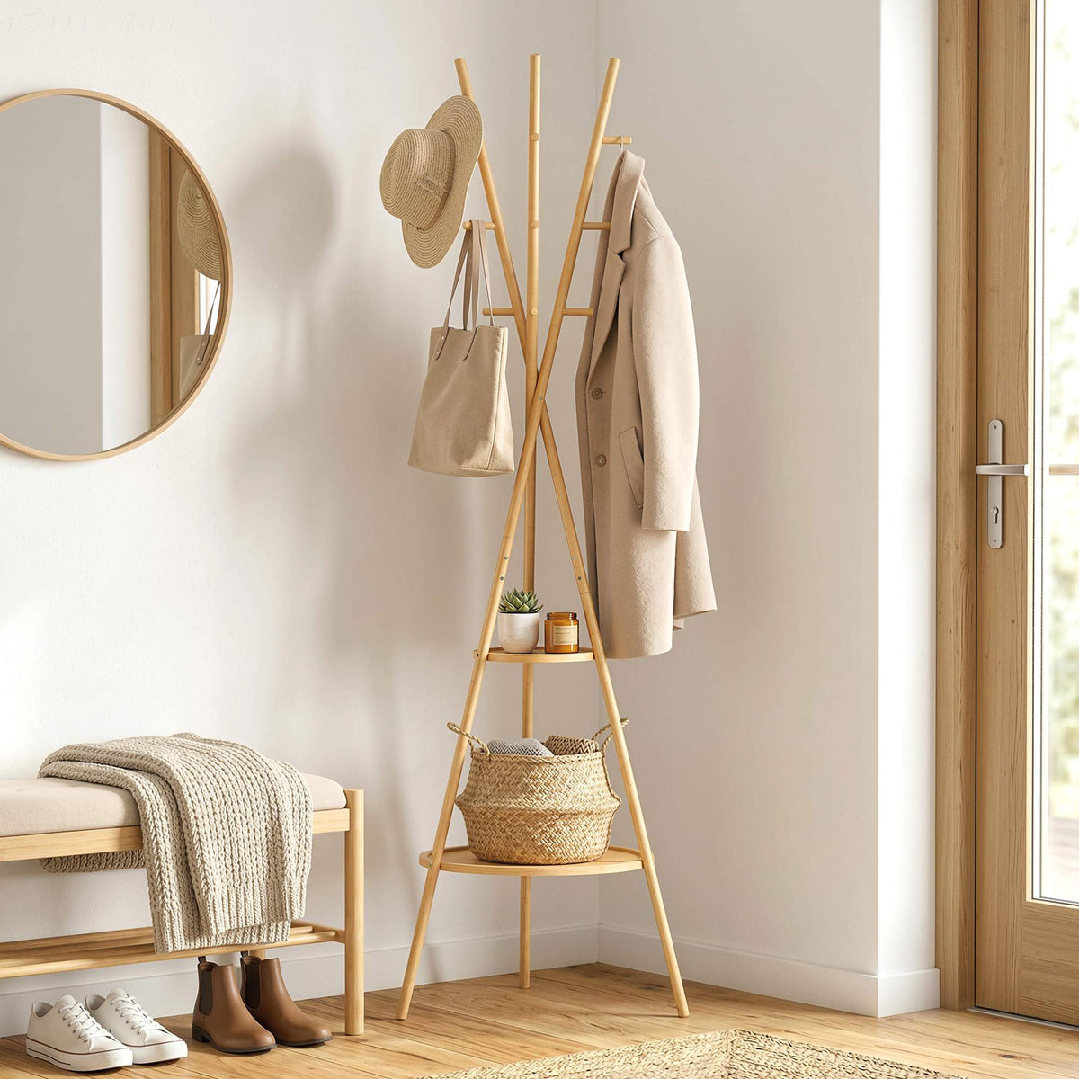 Fristående klädhängare i bambu, 9 krokar, 2 hyllor, naturfärgad