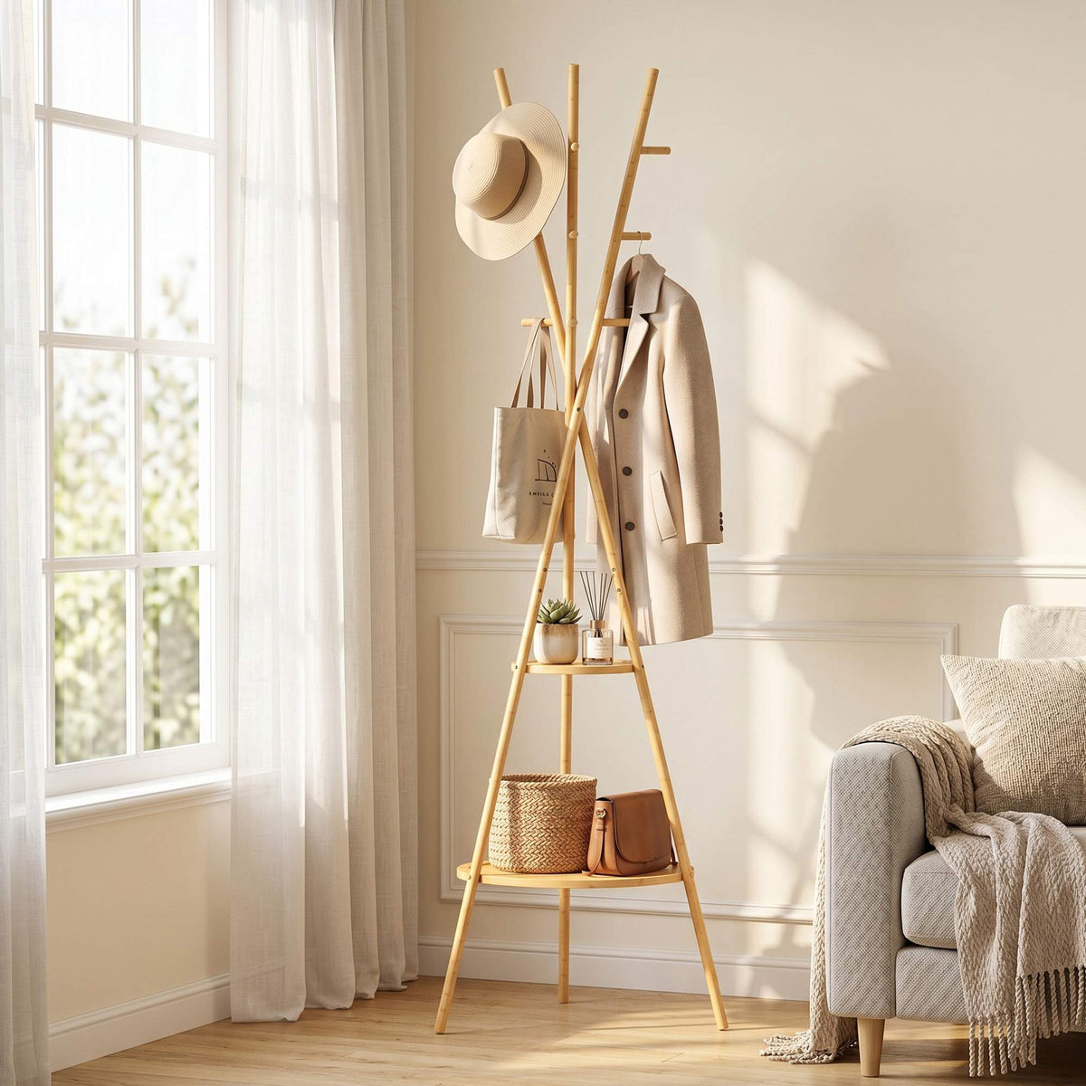 Fristående klädhängare i bambu, 9 krokar, 2 hyllor, naturfärgad