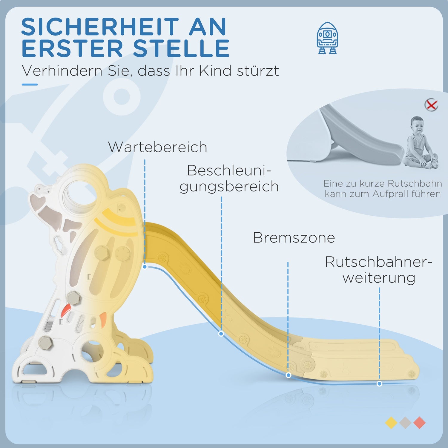 Fristående raketrutschbana för barn, grå och vit, 1,5-3 år