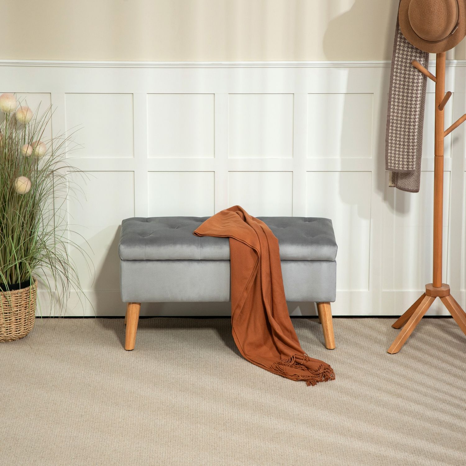 Förvaringsbänk med lock, Grey Velvet Look, 102 x 35 x 43 cm