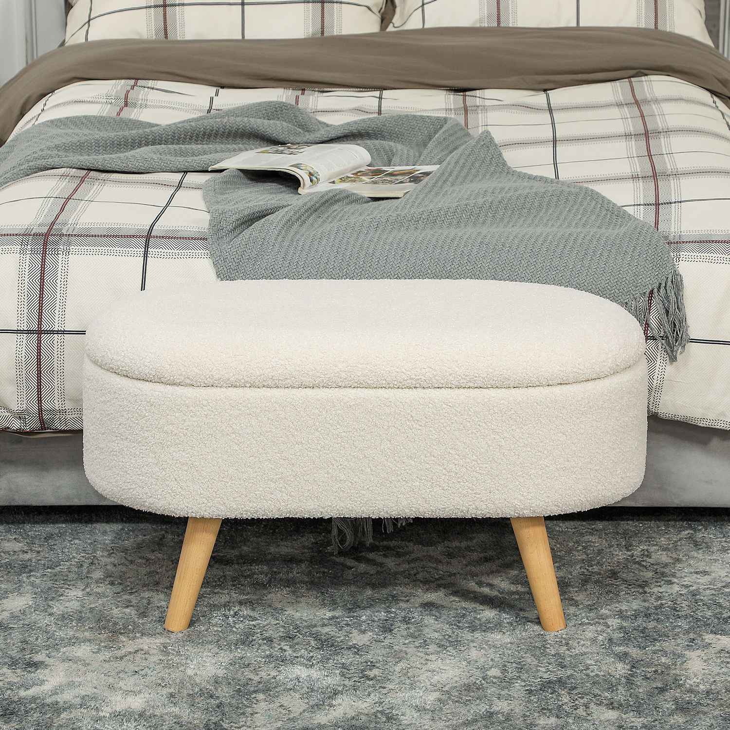 Förvaringsbänk med lock, Klädd Teddy Sammet, 82x41x45 cm