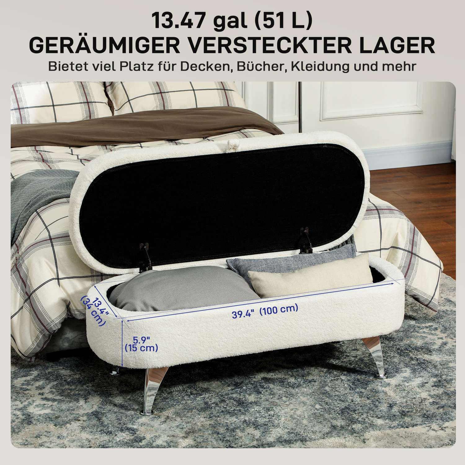 Förvaringsbänk med lock, vit sammet, metallram, 114cm