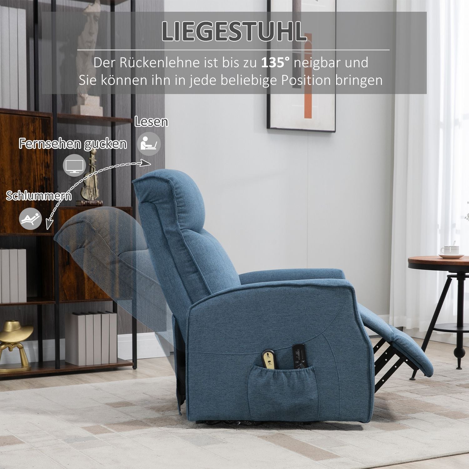 Liggstol med ståhjälp, massage och fotstöd