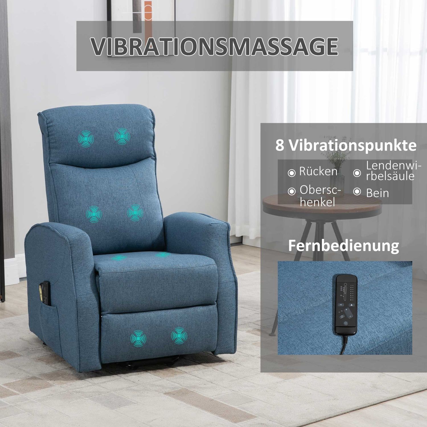 Liggstol med ståhjälp, massage och fotstöd