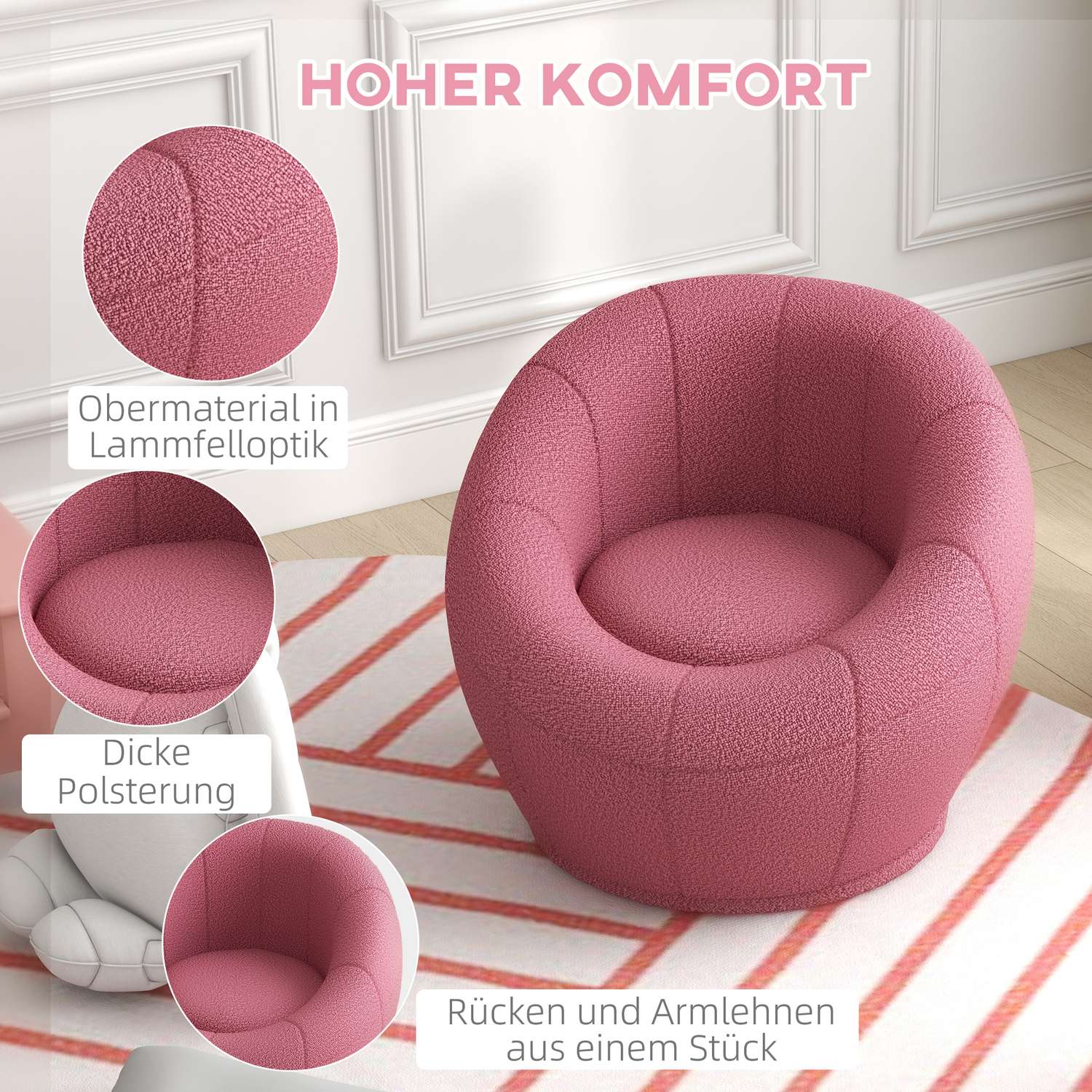 Roterbar rosa plysch loungefåtölj, 120 kg kapacitet
