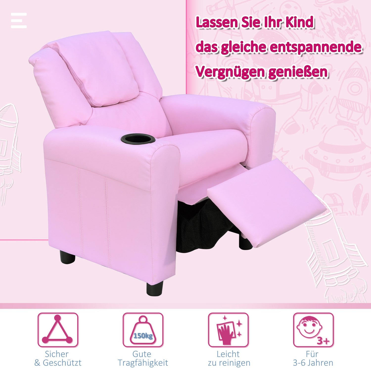 Fåtölj för barn med mugghållare, rosa fåtölj för åldrarna 3-6