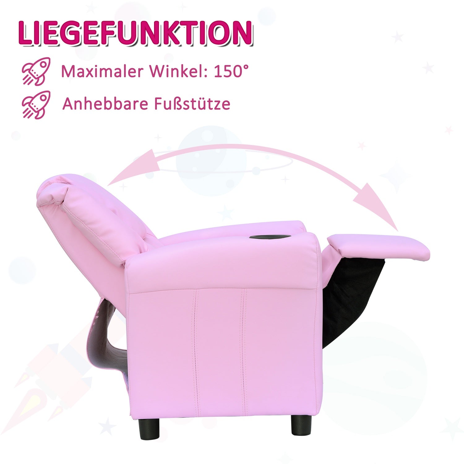Fåtölj för barn med mugghållare, rosa fåtölj för åldrarna 3-6