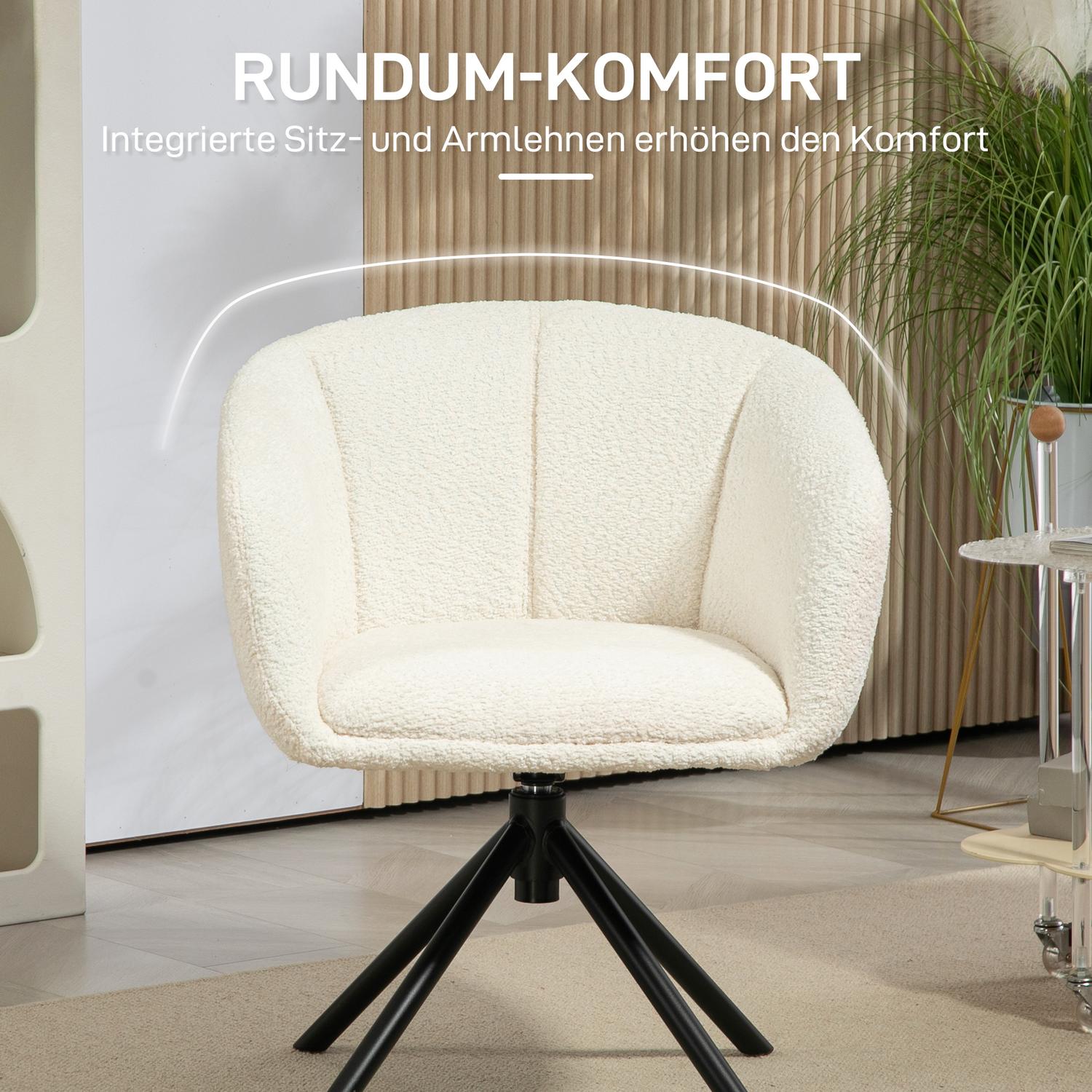 Krämvit fåtölj, 360° vridbar, linnelook, metallben