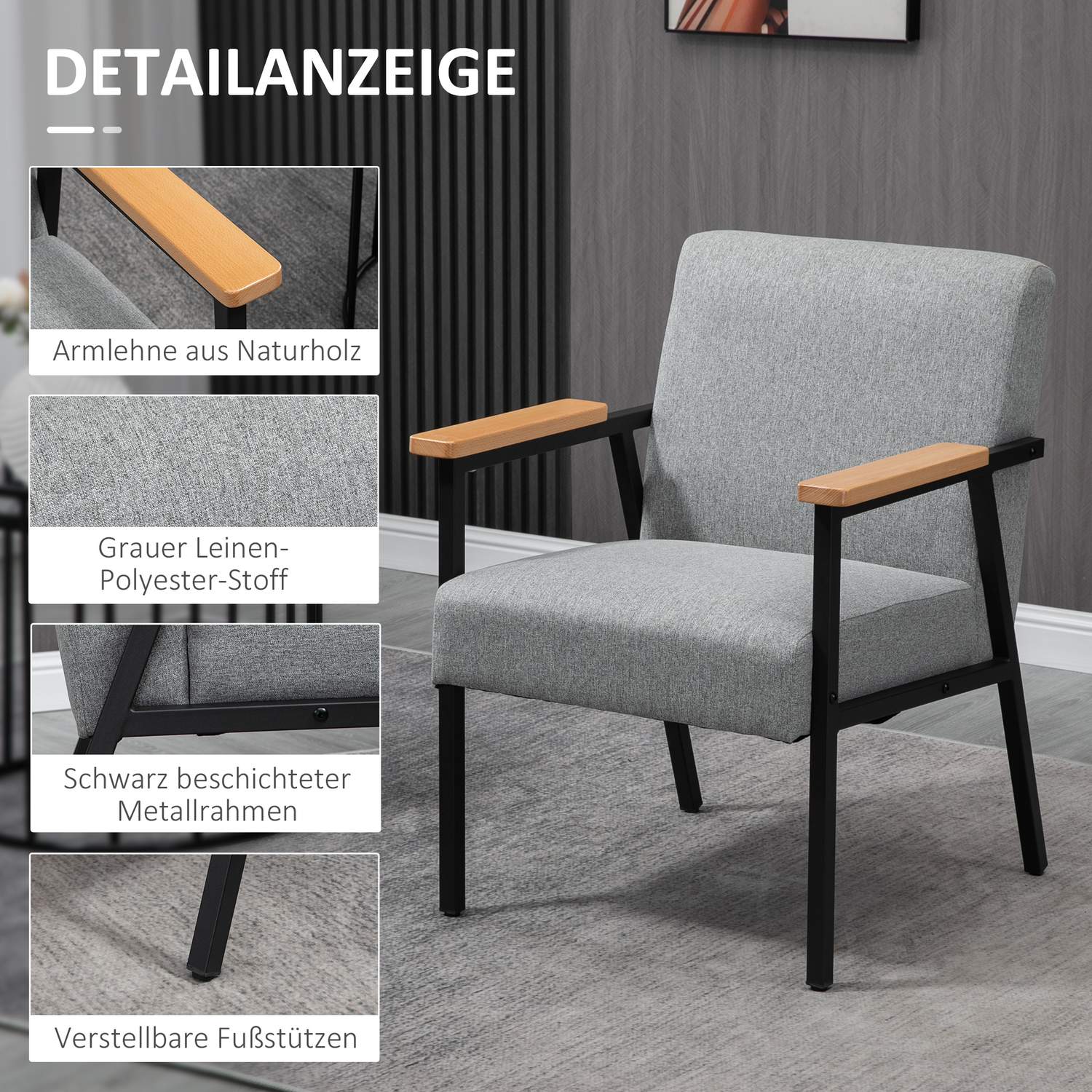 Fåtölj i grå linnelook – Wingback, avkoppling, 64,5x70x83,5 cm