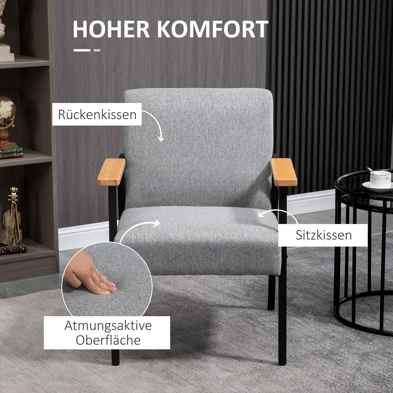 Fåtölj i grå linnelook – Wingback, avkoppling, 64,5x70x83,5 cm