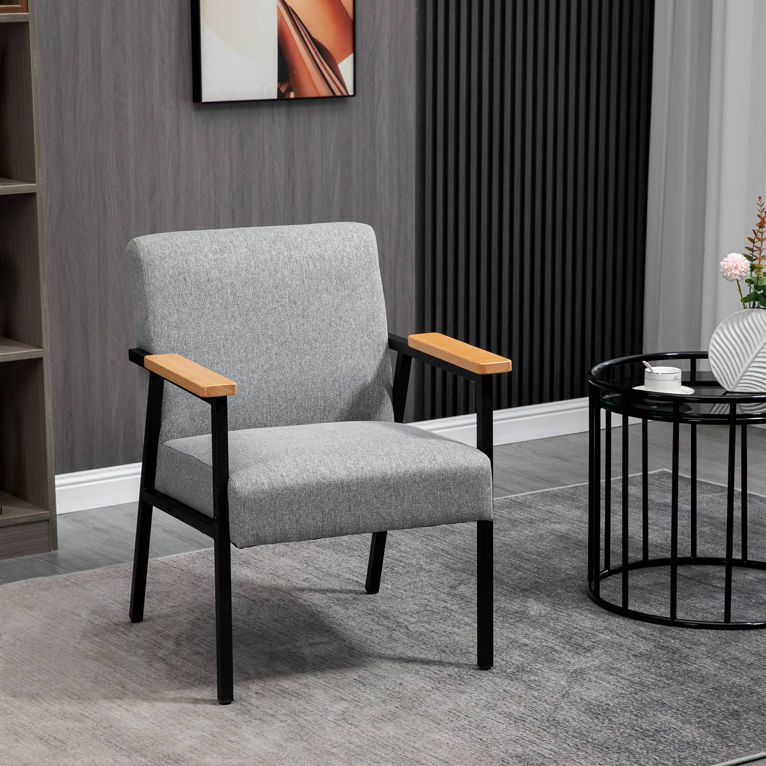 Fåtölj i grå linnelook – Wingback, avkoppling, 64,5x70x83,5 cm