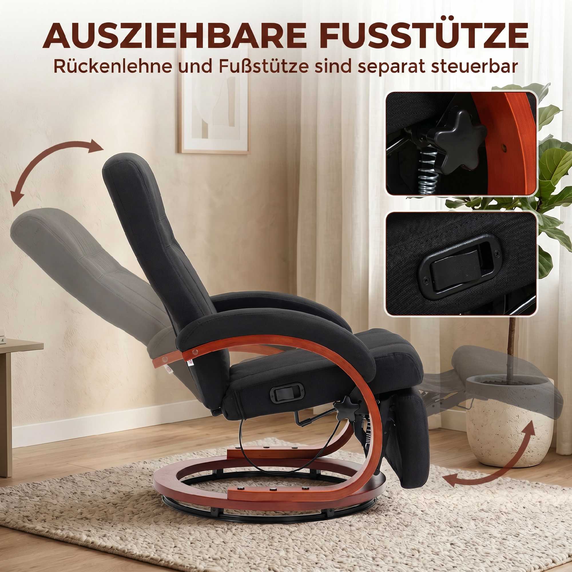 Fåtölj med fotstöd, 135 graders lutning, 360 graders vridning
