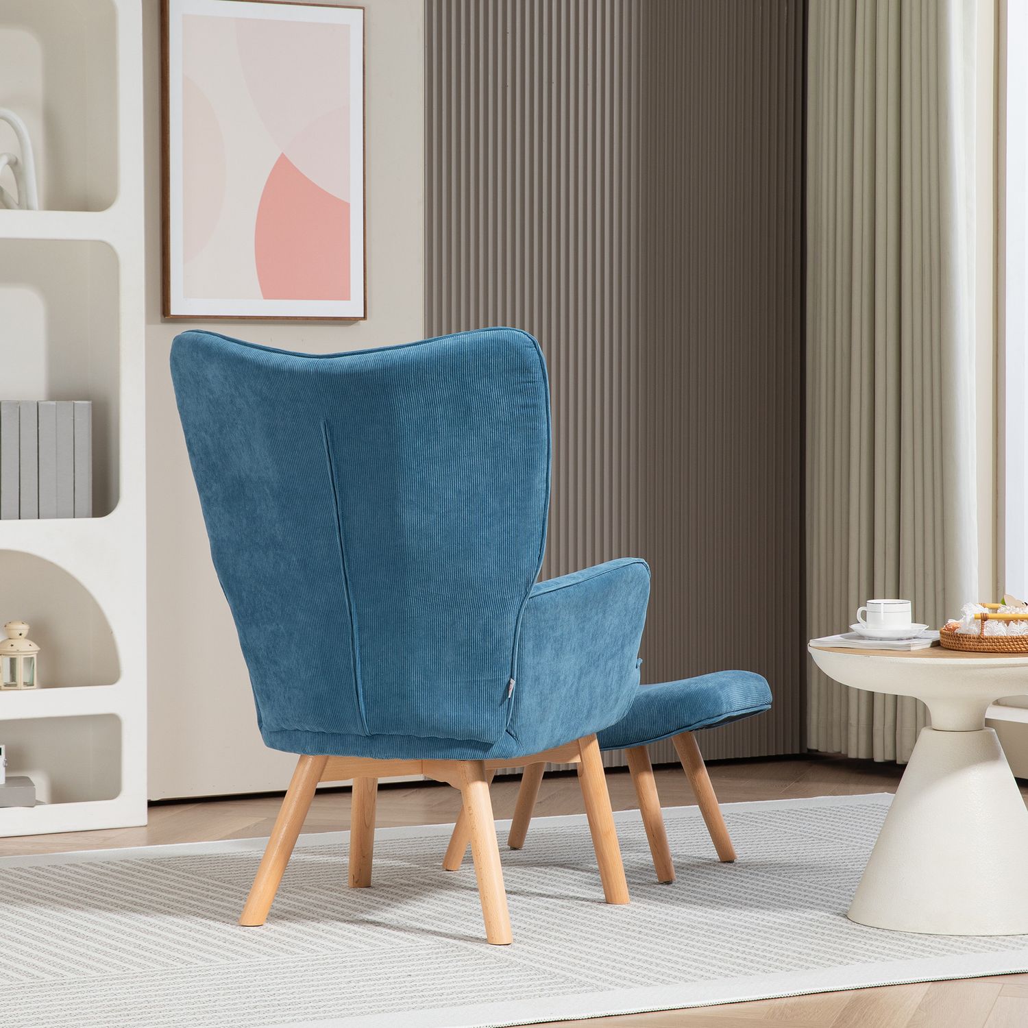 Blå manchester Wingback fåtölj med fotpall, tuftad design