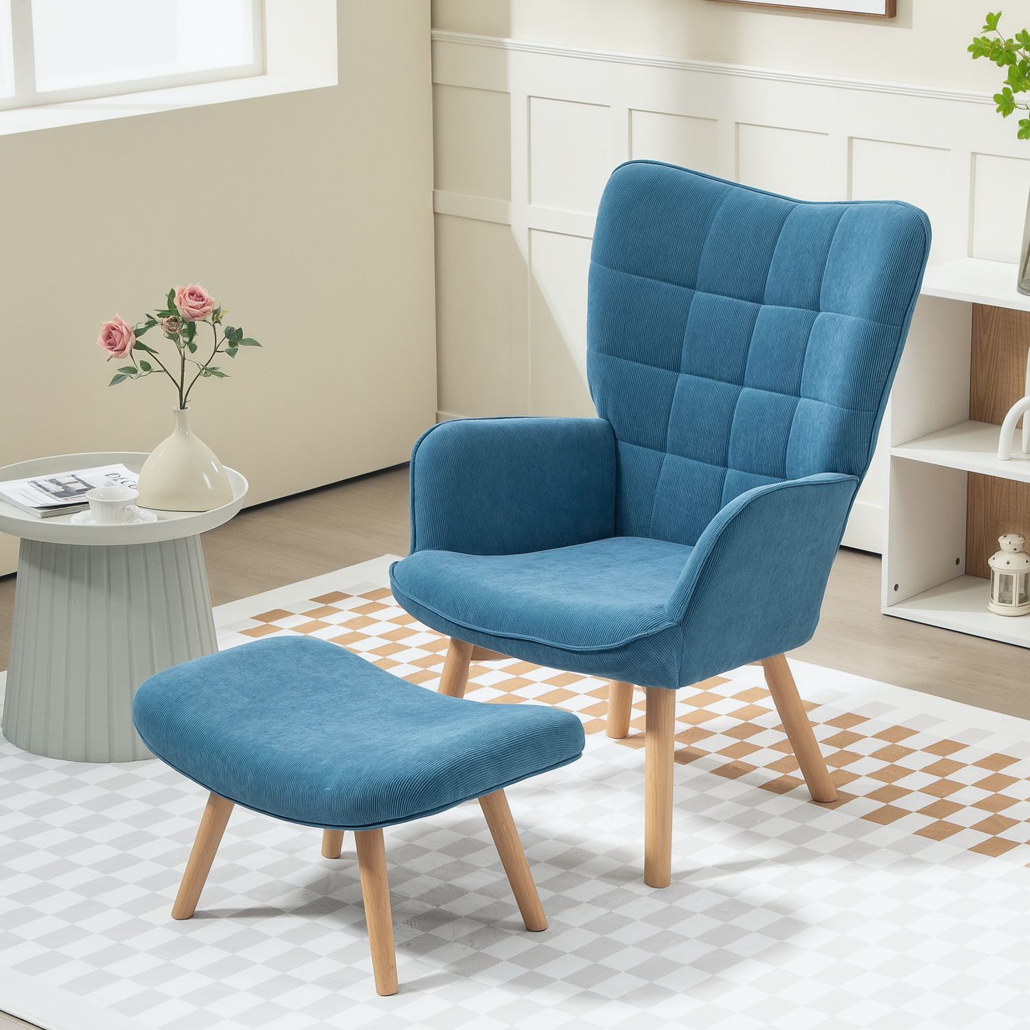 Blå manchester Wingback fåtölj med fotpall, tuftad design