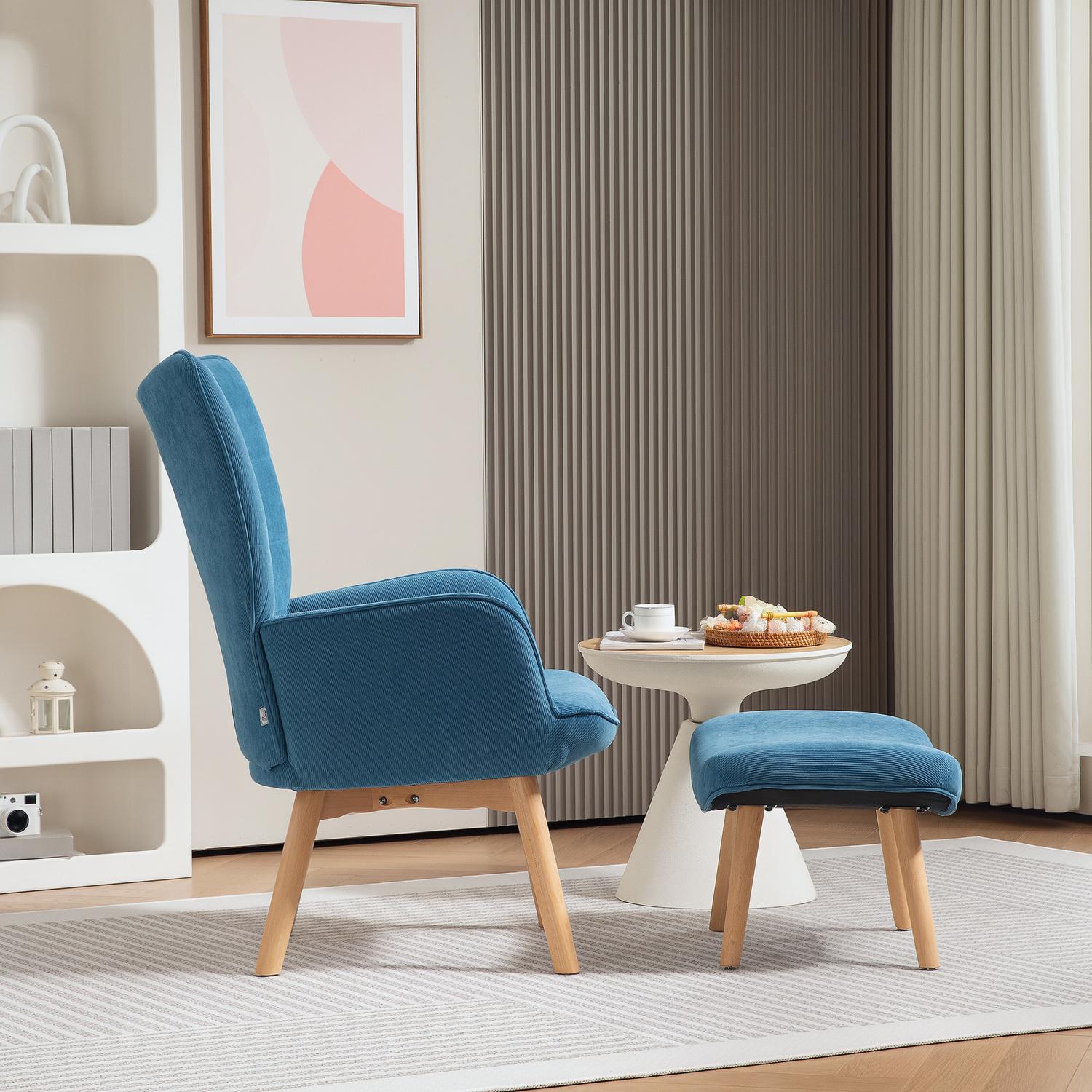 Blå manchester Wingback fåtölj med fotpall, tuftad design