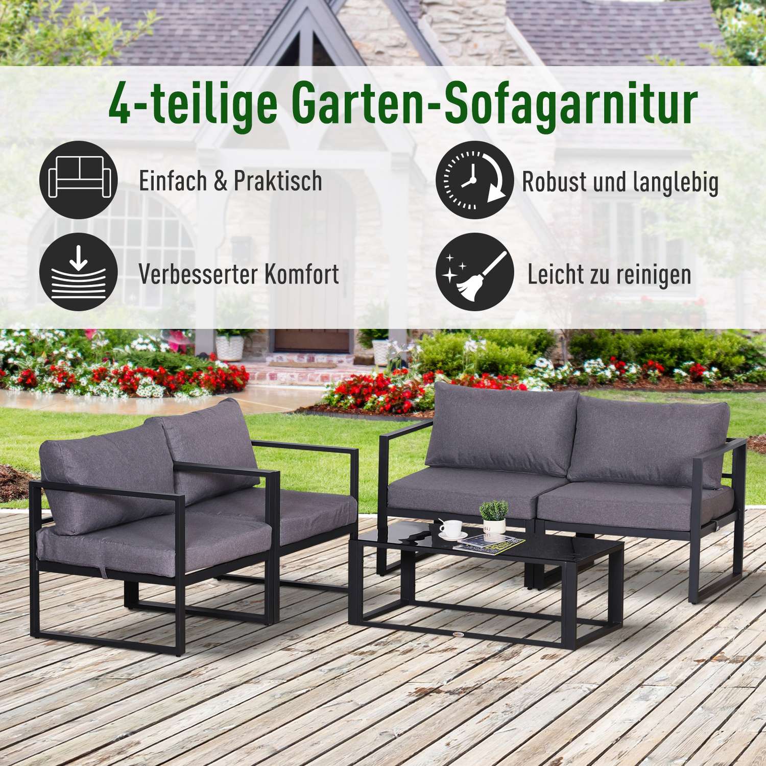 Fyra delar grå trädgårdsmöbelset med kuddar och förvaring