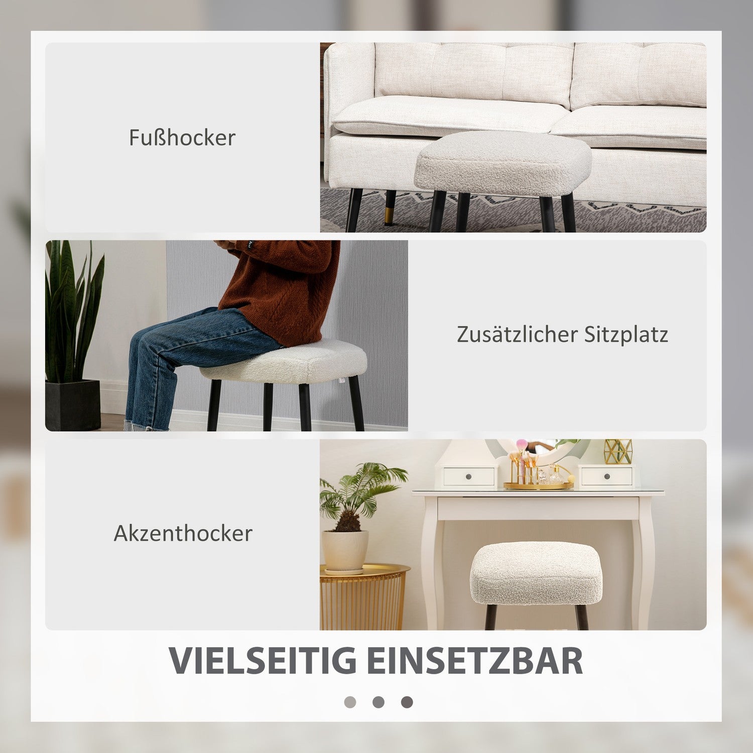 Fyrkantig fotpall med stålben, kashmirlook, ljusgrå