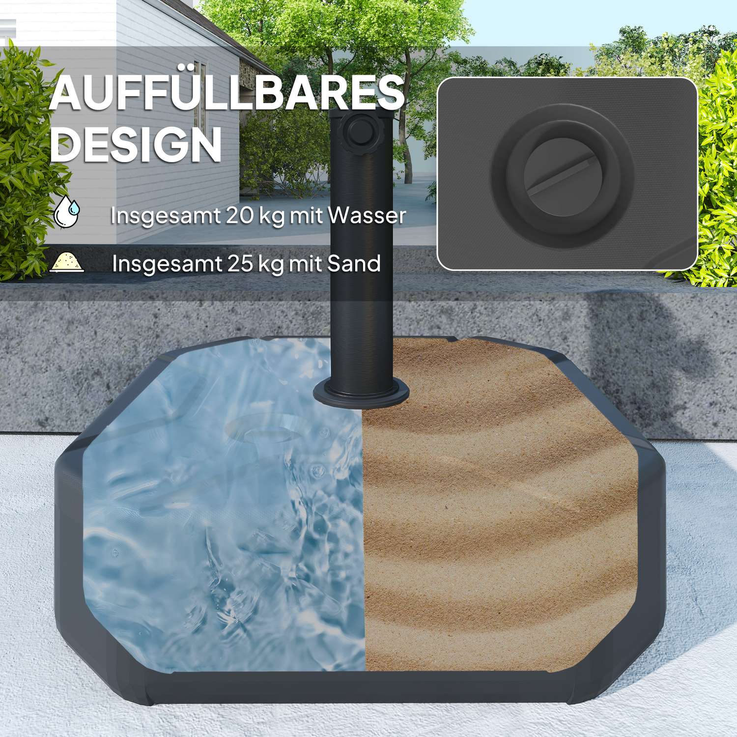 Fyrkantigt paraplyställ, 25 kg fyllbar bas, 38/48 mm rör