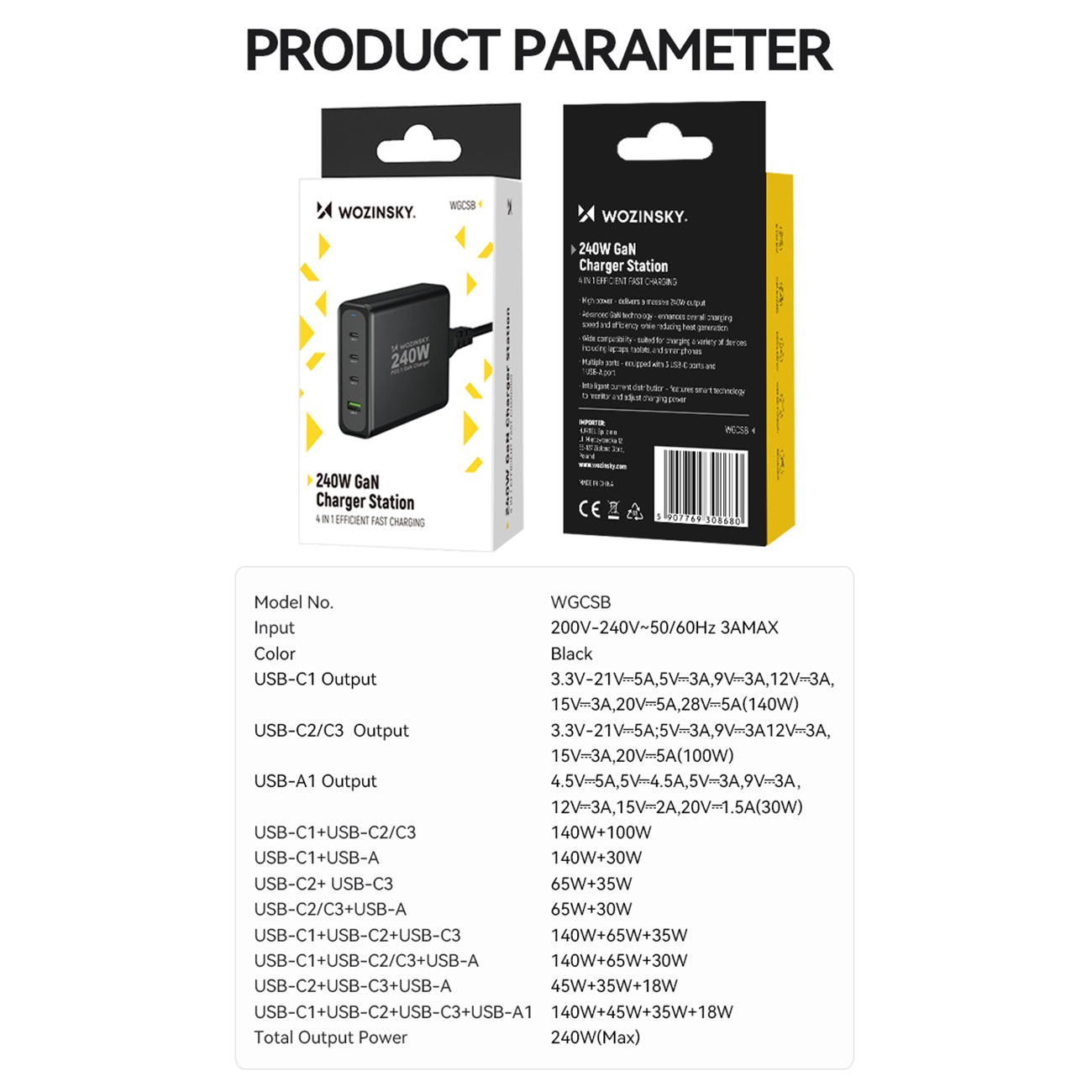 GaN 240W USB-A 3x USB-C nätverksladdare svart