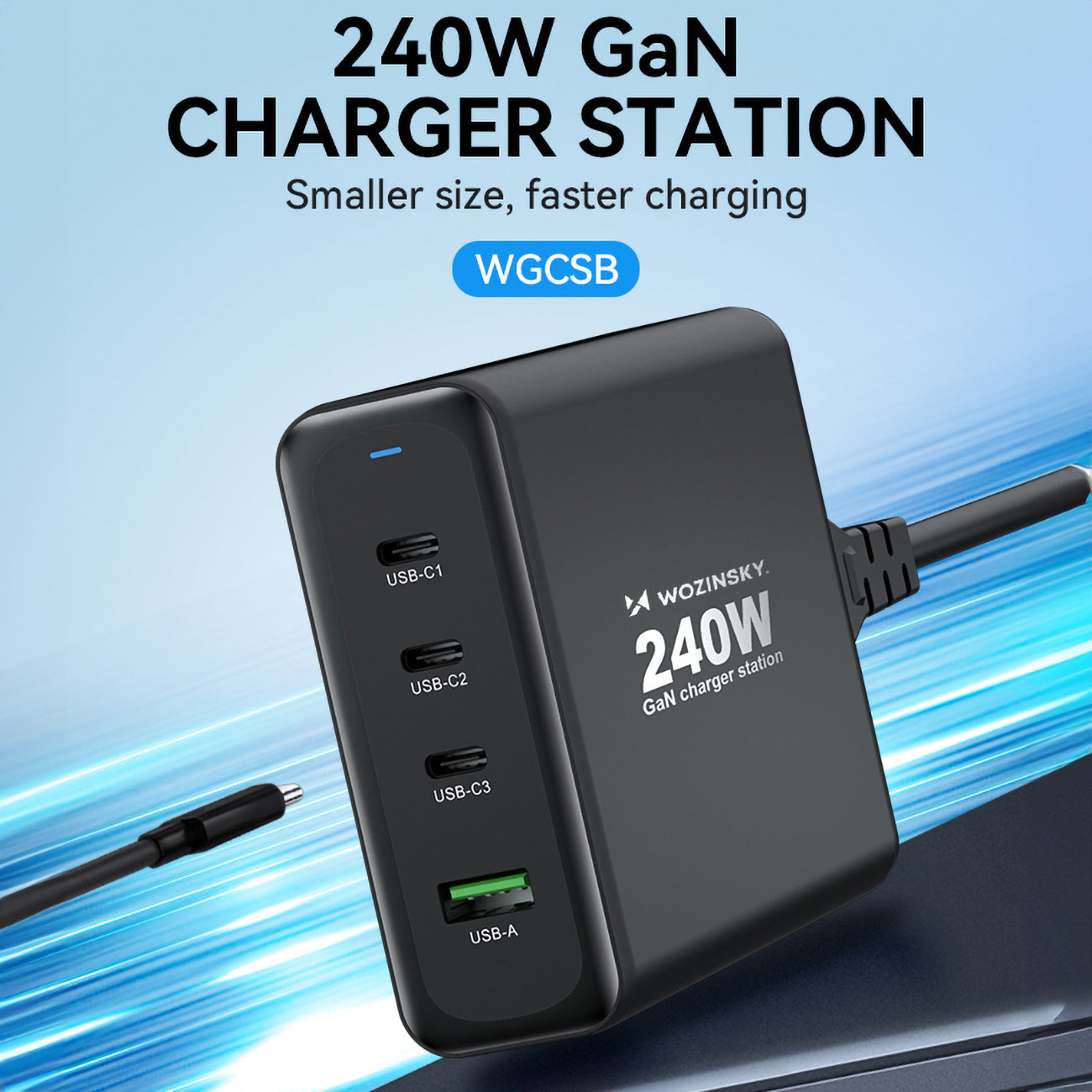 GaN 240W USB-A 3x USB-C nätverksladdare svart