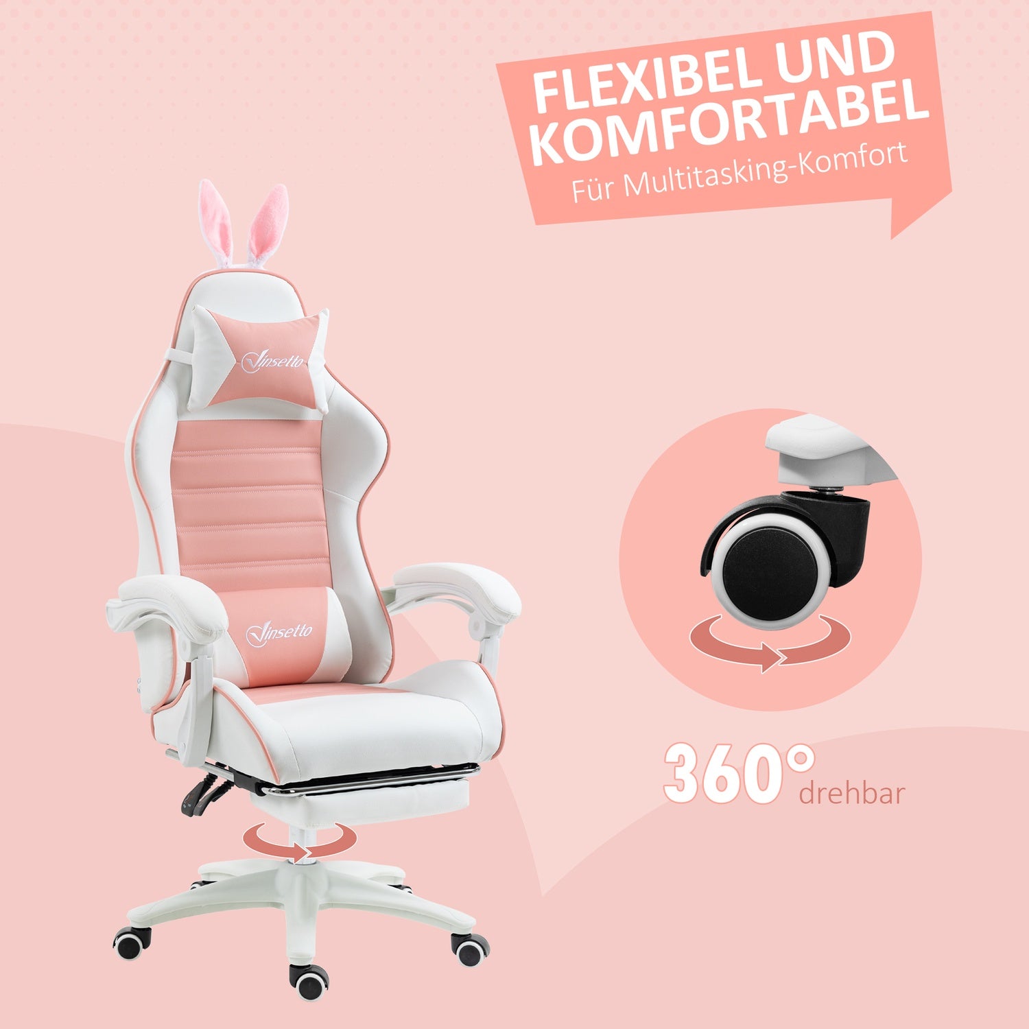 Rosa ergonomisk spelstol med svankstöd och fotstöd